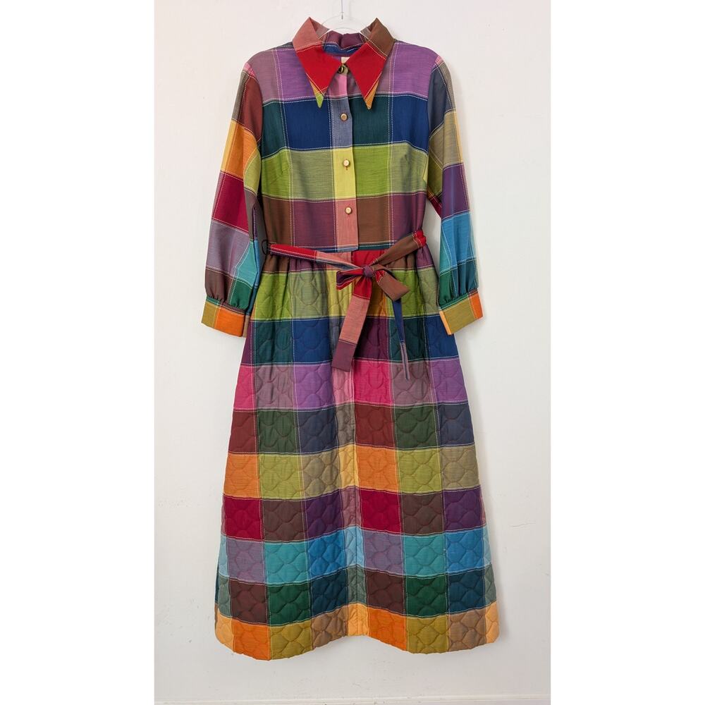 Penneys Loungewear 1970s Rainbow Patchwork Plaid Quilted House Dress Size Medium - Picture 2 of 12